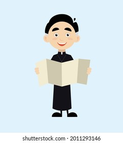 Priest Looking map Flat Vector Cartoon Illustration