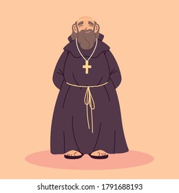 priest or monk wearing brown hooded gown vector illustration design