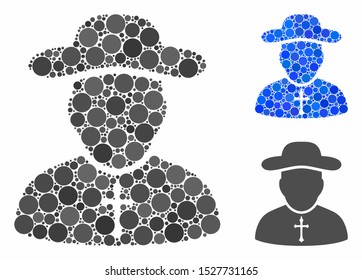 Priest mosaic of filled circles in various sizes and shades, based on priest icon. Vector filled circles are united into blue collage. Dotted priest icon in usual and blue versions.