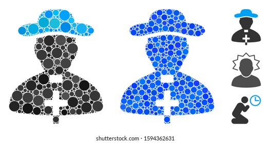 Priest mosaic of filled circles in various sizes and shades, based on priest icon. Vector filled circles are organized into blue mosaic. Dotted priest icon in usual and blue versions.
