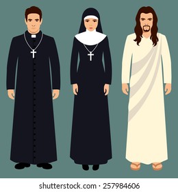 Priest, Nun And Jesus Christ, Catholic Religion Illustration