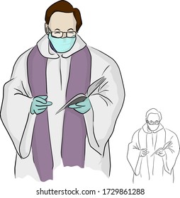 priest or pastor with surgical mask giving a funeral service in Covid-19 situation vector illustration sketch doodle hand drawn isolated on white background