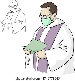 priest or pastor with surgical mask and glasses giving a funeral service in Covid-19 situation vector illustration sketch doodle hand drawn isolated on white background