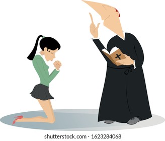 Priest and prayer woman in the kneels illustration. Young woman is praying in the kneels and a preaching priest with a prayer book isolated on white illustration