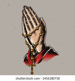 Manos de oración sacerdotal con cuentas de rosario en ilustración vectorial aislada de estilo vintage