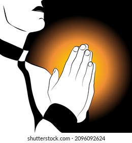 Priest praying on dark background. Vector illustration