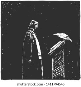 The priest and the raven. Black and white illustration