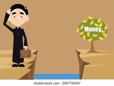 Priest Reaching Money Concept Flat Vector Cartoon Illustration