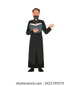 Priest reading Bible book vector illustration. Pastor doing ceremony at funeral, makes a mourning speech. Christianity religion, Burial ritual service. Catholic cathedral teaches religious texts