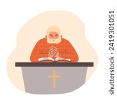 Priest reading Bible in religious gesture praying to god vector illustration. Pastor standing at tribune with cross rood. Christianity religion. Catholic cathedral teaches religious texts