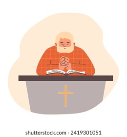 Priest reading Bible in religious gesture praying to god vector illustration. Pastor standing at tribune with cross rood. Christianity religion. Catholic cathedral teaches religious texts