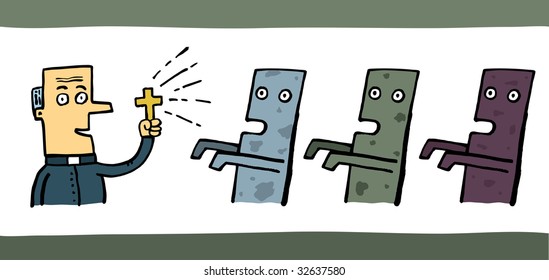 The priest resists to walking dead men, a vector illustration