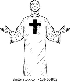 A priest in a robe with a crucifix symbol. Hand drawn vector illustration. 