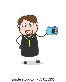 Priest Salesman Showing a Camera Gadget Vector Illustration