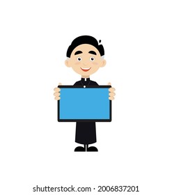 Priest Showing Tablet Flat Vector Cartoon Illustration