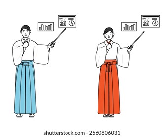 Priest and shrine maiden of the shrine, analyzing a performance graph, Vector Illustration