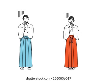 Priest and shrine maiden of the shrine, apologizing with his hands in front of his body, Vector Illustration