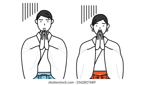 Priest and shrine maiden of the shrine, apologizing with his hands in front of his body, Vector Illustration