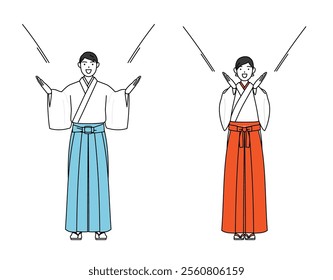 Priest and shrine maiden of the shrine, calling out with his hand over his mouth, Vector Illustration