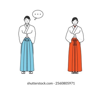 Priest and shrine maiden of the shrine, with crossed arms, deep in thought, Vector Illustration