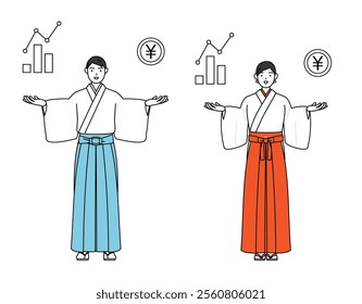 Priest and shrine maiden of the shrine, guiding an image of DX, performance and sales improvement, Vector Illustration