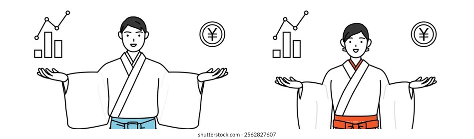 Priest and shrine maiden of the shrine, guiding an image of DX, performance and sales improvement, Vector Illustration