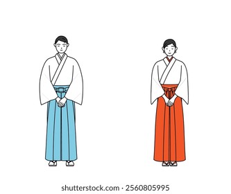 Priest and shrine maiden of the shrine, with hands on top of each other in front of their bodies, Vector Illustration