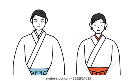 Priest and shrine maiden of the shrine, with hands on top of each other in front of their bodies, Vector Illustration