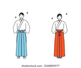 Priest and shrine maiden of the shrine, with his hands on his hips, Vector Illustration