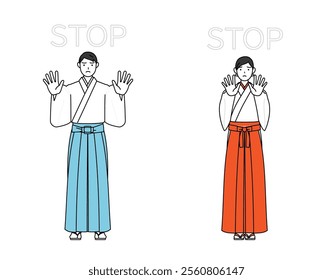 Priest and shrine maiden of the shrine, with his hands out in front of his body, signaling a stop, Vector Illustration