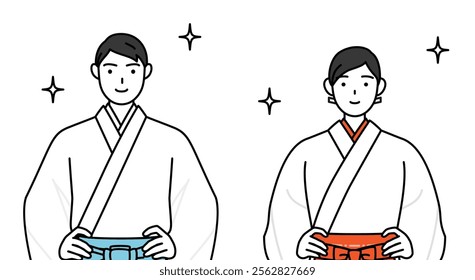 Priest and shrine maiden of the shrine, with his hands on his hips, Vector Illustration