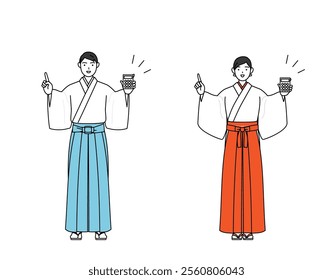 Priest and shrine maiden of the shrine, holding a calculator and pointing, Vector Illustration