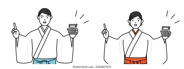 Priest and shrine maiden of the shrine, holding a calculator and pointing, Vector Illustration