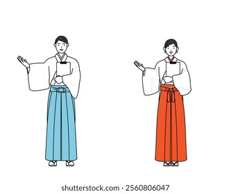 Priest and shrine maiden of the shrine, holding a clipboard and extending his hand, Vector Illustration