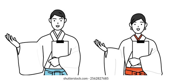 Priest and shrine maiden of the shrine, holding a clipboard and extending his hand, Vector Illustration