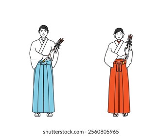 Priest and shrine maiden of the shrine, holding a hamaya (arrow), Vector Illustration