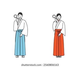 Priest and shrine maiden of the shrine, holding a magnifying glass and placing his hand on his hip, Vector Illustration