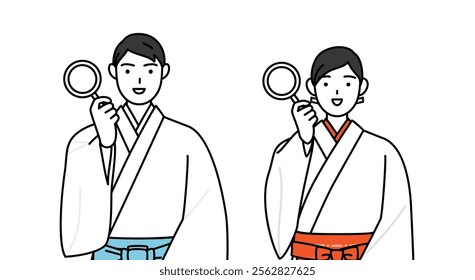 Priest and shrine maiden of the shrine, holding a magnifying glass and placing his hand on his hip, Vector Illustration