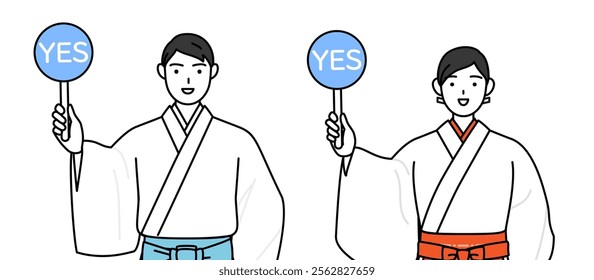 Priest and shrine maiden of the shrine, holding a maru placard that shows the correct answer, Vector Illustration