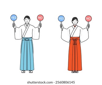 Priest and shrine maiden of the shrine, holding a placard indicating correct and incorrect answers, Vector Illustration