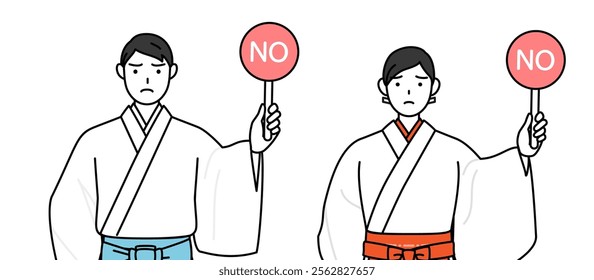 Priest and shrine maiden of the shrine, holding a placard with an X indicating incorrect answer, Vector Illustration