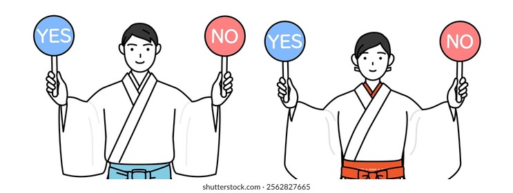 Priest and shrine maiden of the shrine, holding a placard indicating correct and incorrect answers, Vector Illustration