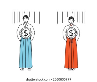 Priest and shrine maiden of the shrine, an image of exchange loss or dollar depreciation, Vector Illustration