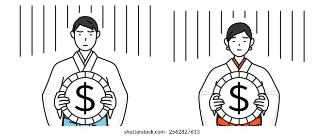 Priest and shrine maiden of the shrine, an image of exchange loss or dollar depreciation, Vector Illustration