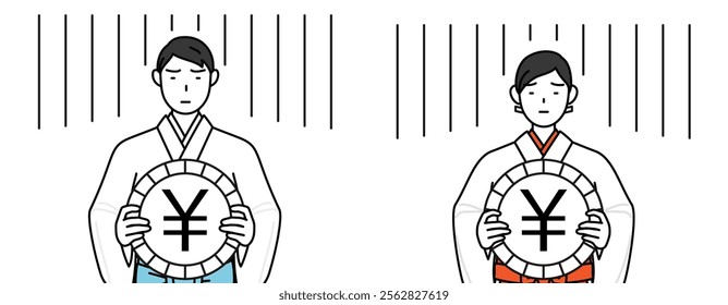 Priest and shrine maiden of the shrine, an image of exchange loss or yen depreciation, Vector Illustration