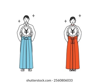 Priest and shrine maiden of the shrine, an image of foreign exchange gains and yen appreciation, Vector Illustration