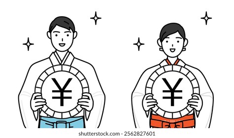 Priest and shrine maiden of the shrine, an image of foreign exchange gains and yen appreciation, Vector Illustration