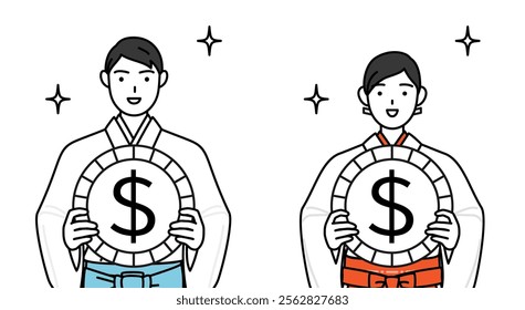 Priest and shrine maiden of the shrine, with images of foreign exchange gains and dollar appreciation, Vector Illustration