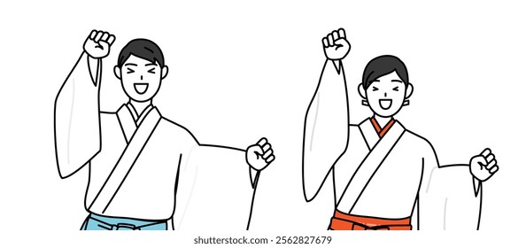 Priest and shrine maiden of the shrine, jumping with light-hearted delight, Vector Illustration