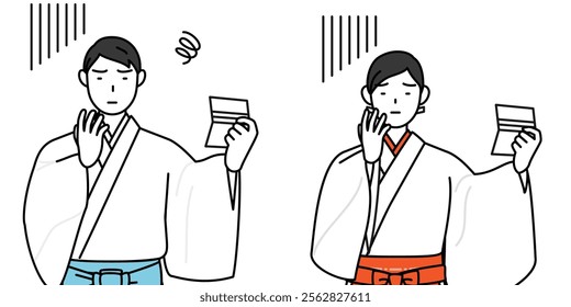 Priest and shrine maiden of the shrine, looking at his bankbook and feeling depressed, Vector Illustration